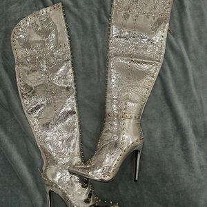 Jennifer Le Silver and Gold Studded Thigh-High Boots